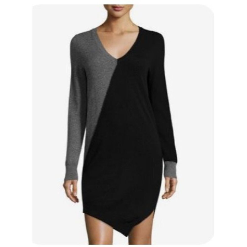 360 Cashmere Asymmetrical Black And Gray Cashmere Blend Longsleeved Dress S